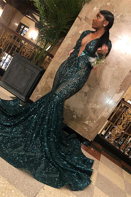 
                      
                        Emerald V-Neck Long Sleeves Sequins Lace Mermaid Prom Dress
                      
                    