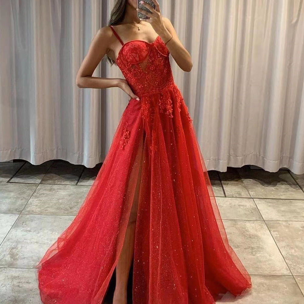 Red Spaghetti-Strap Sweetheart Sequined Prom Dress with Slit and Tulle