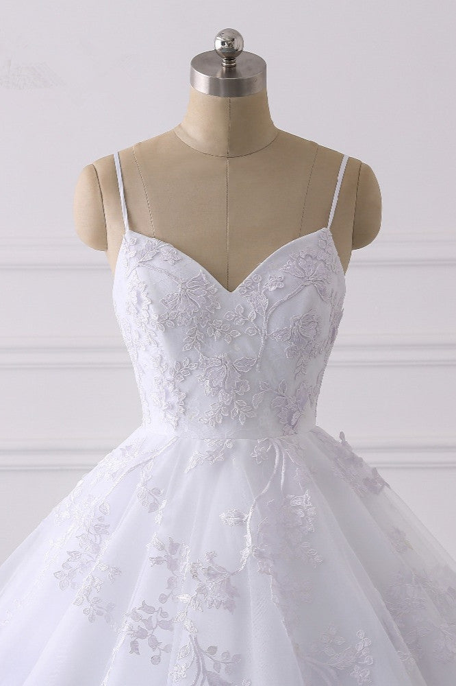 
                      
                        Spaghetti Strap V-Neck Tulle Wedding Dress with Lace Appliques
                      
                    