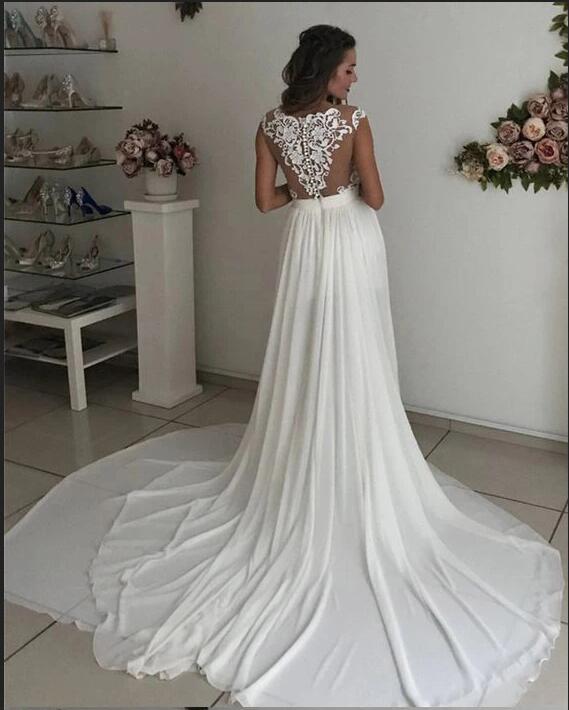 
                      
                        A-Line V-Neck Long Wedding Dress with Chiffon Lace and Slit
                      
                    