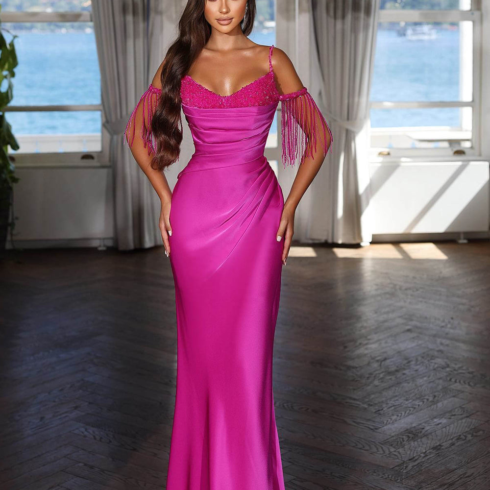 Charming Fuchsia Spaghetti Strap Tassel Sequins Applique Pleated Evening Dress