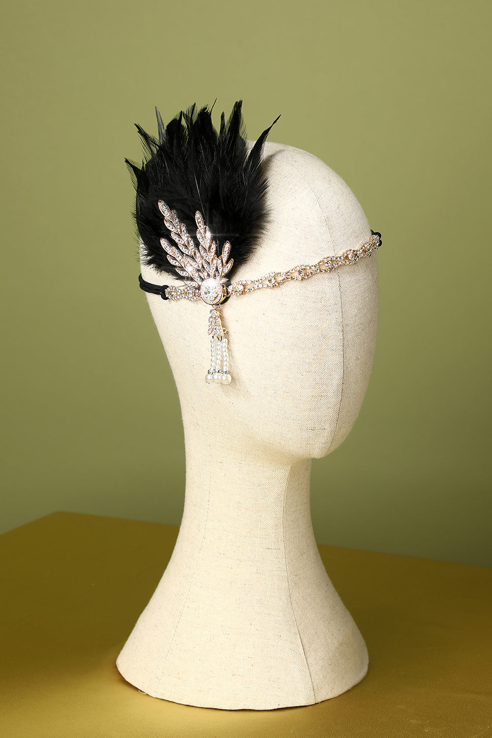 Black Beaded Feather and Pearl Flapper Headband