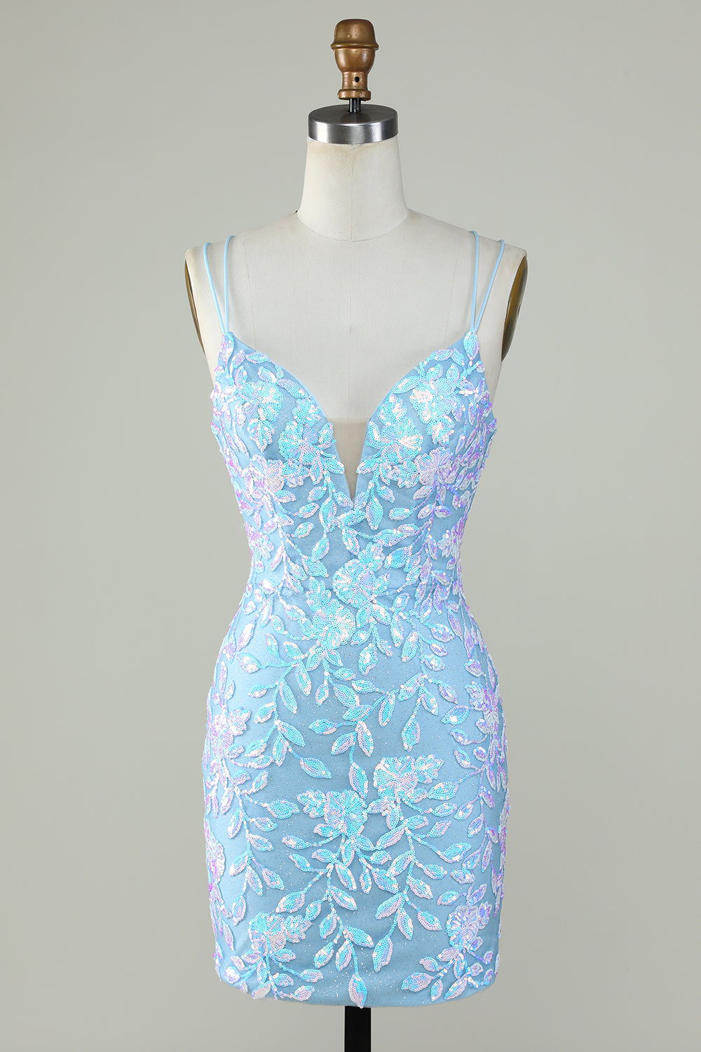 Light Blue Sparkly Lace-Up Back Homecoming Dress