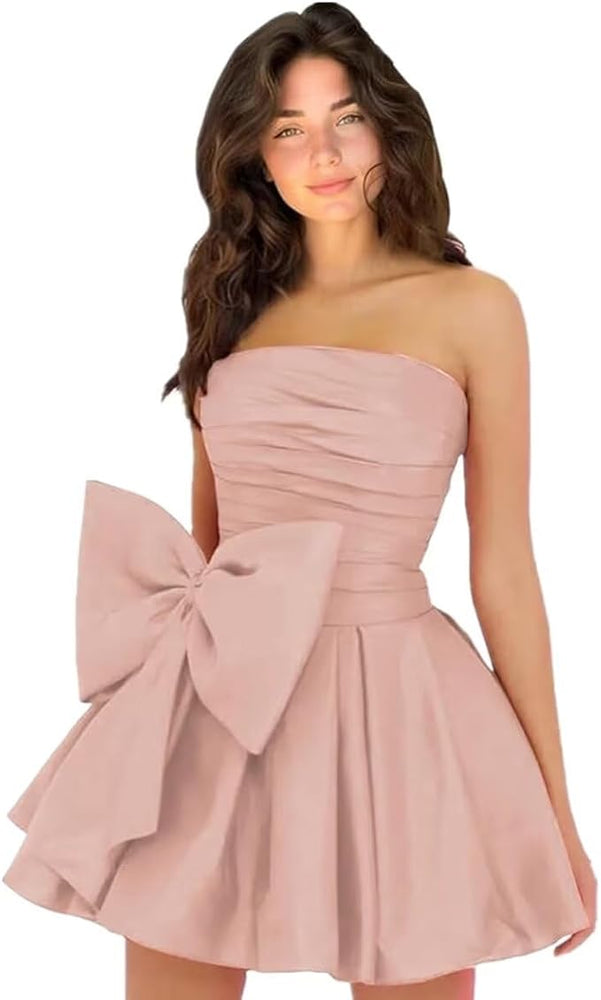 
                      
                        Sleeveless Ruched Short Homecoming Dresses Simple Mini Party Wear Dress with Bow
                      
                    