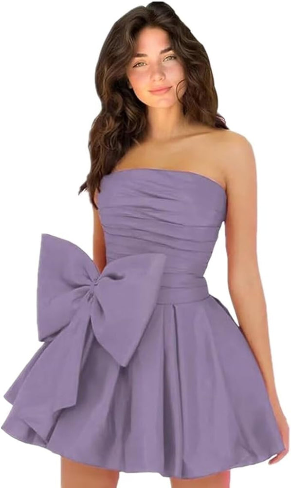 
                      
                        Sleeveless Ruched Short Homecoming Dresses Simple Mini Party Wear Dress with Bow
                      
                    