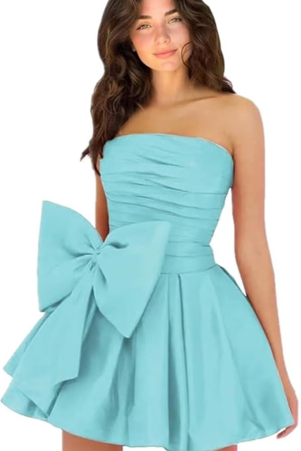 
                      
                        Sleeveless Ruched Short Homecoming Dresses Simple Mini Party Wear Dress with Bow
                      
                    