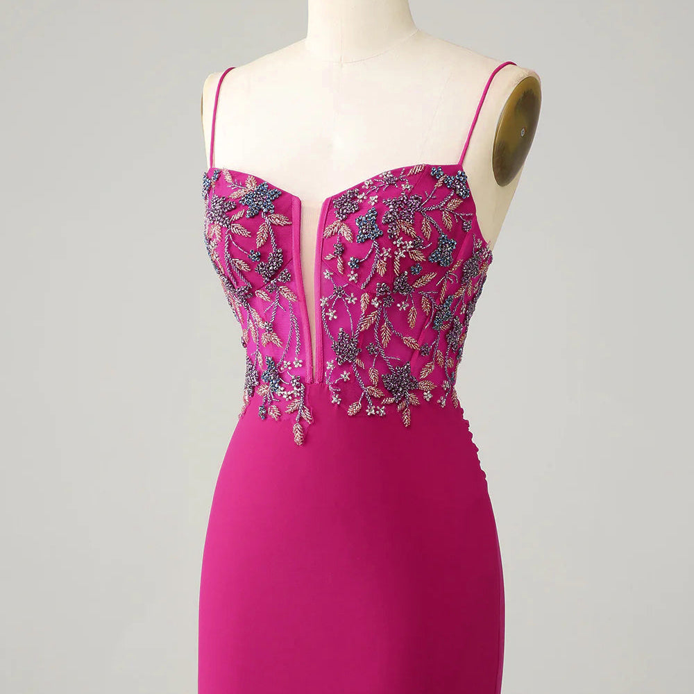 
                      
                        Fuchsia Bodycon Spaghetti Strap Short Homecoming Dress with Beading
                      
                    