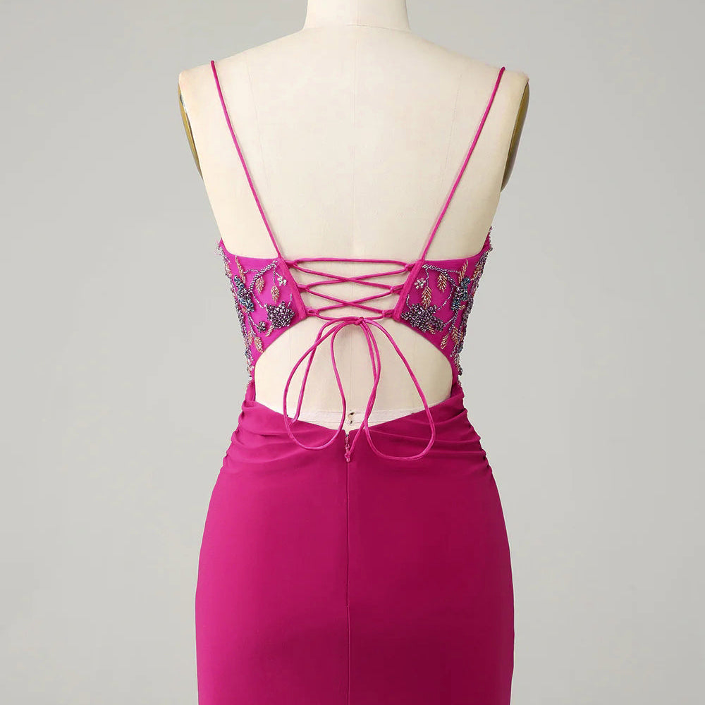 
                      
                        Fuchsia Bodycon Spaghetti Strap Short Homecoming Dress with Beading
                      
                    