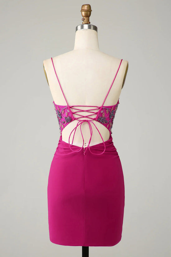 Fuchsia Bodycon Spaghetti Strap Short Homecoming Dress with Beading