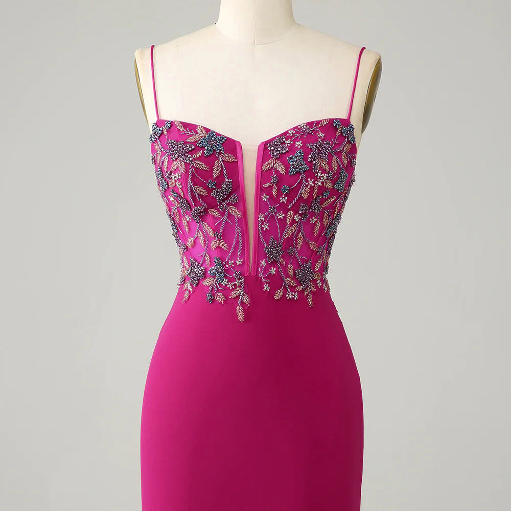 Fuchsia Bodycon Spaghetti Strap Short Homecoming Dress with Beading