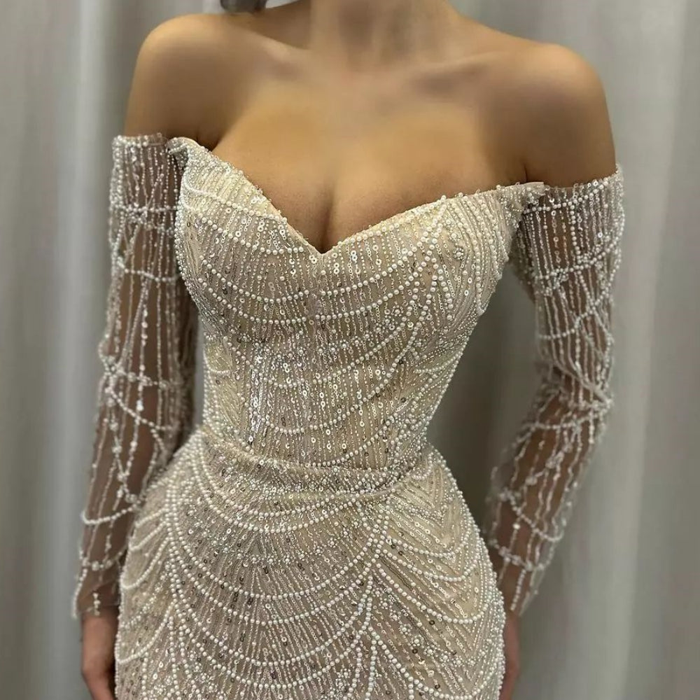 
                      
                        Off-the-Shoulder Mermaid Long Sleeve Prom Dresses |  Sequins Beadings Long Evening Gowns with Pearls
                      
                    