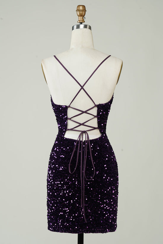 Purple Sparkly Sequin Backless Tight Short Homecoming Dress with Slit