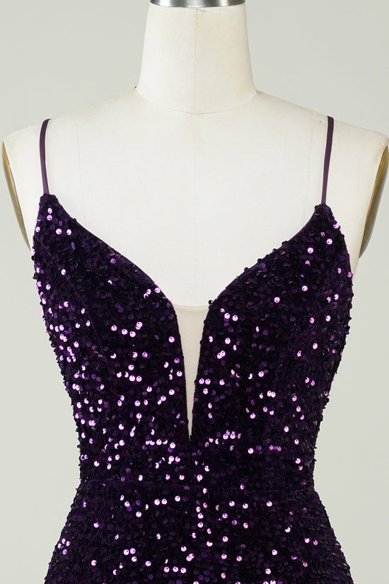 Purple Sparkly Sequin Backless Tight Short Homecoming Dress with Slit