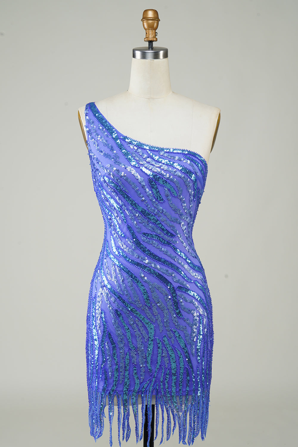 Blue One-Shoulder Sheath Sequin Short Homecoming Dress with Tassel