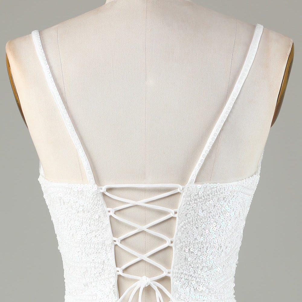 
                      
                        White Spaghetti Strap Sparkly Lace-Up Back Bodycon Homecoming Dress with Beading
                      
                    