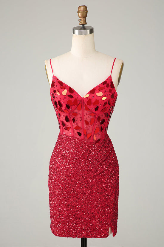 Red Sparkly Corset Sequin Mirror Tight Homecoming Dress