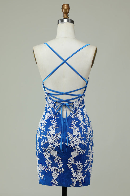 Blue Sheath Spaghetti Strap Homecoming Dress with Appliques