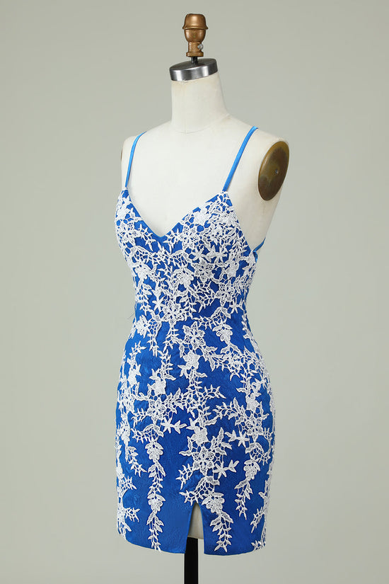 Blue Sheath Spaghetti Strap Homecoming Dress with Appliques