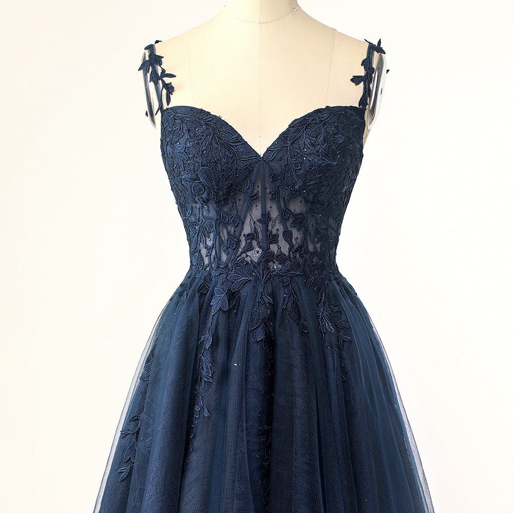 Navy Spaghetti Strap Homecoming Dress with Appliques