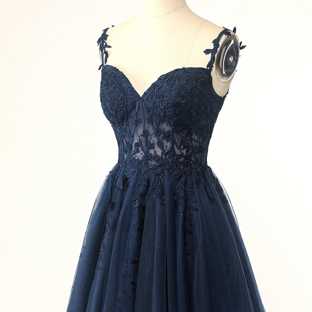 
                      
                        Navy Spaghetti Strap Homecoming Dress with Appliques
                      
                    