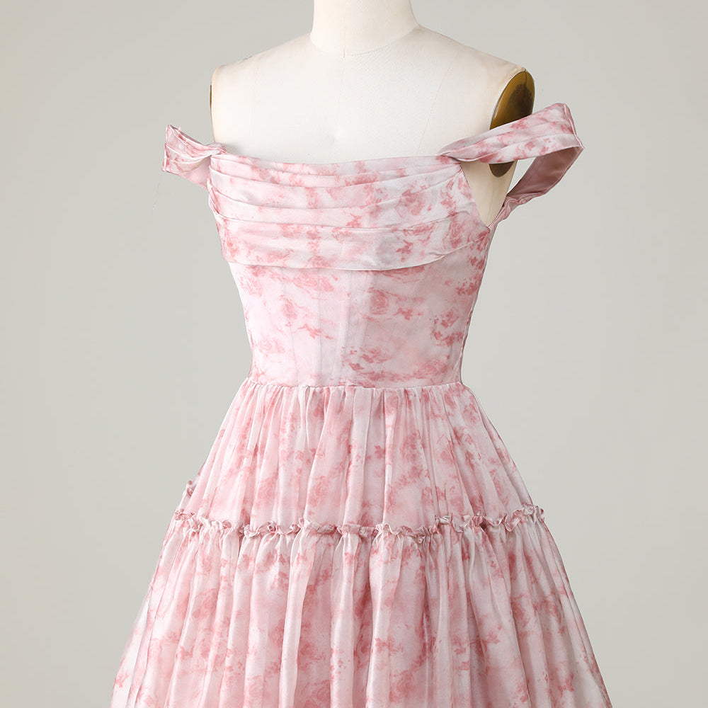 
                      
                        Blush Printed A-Line Homecoming Dress with Ruffles
                      
                    