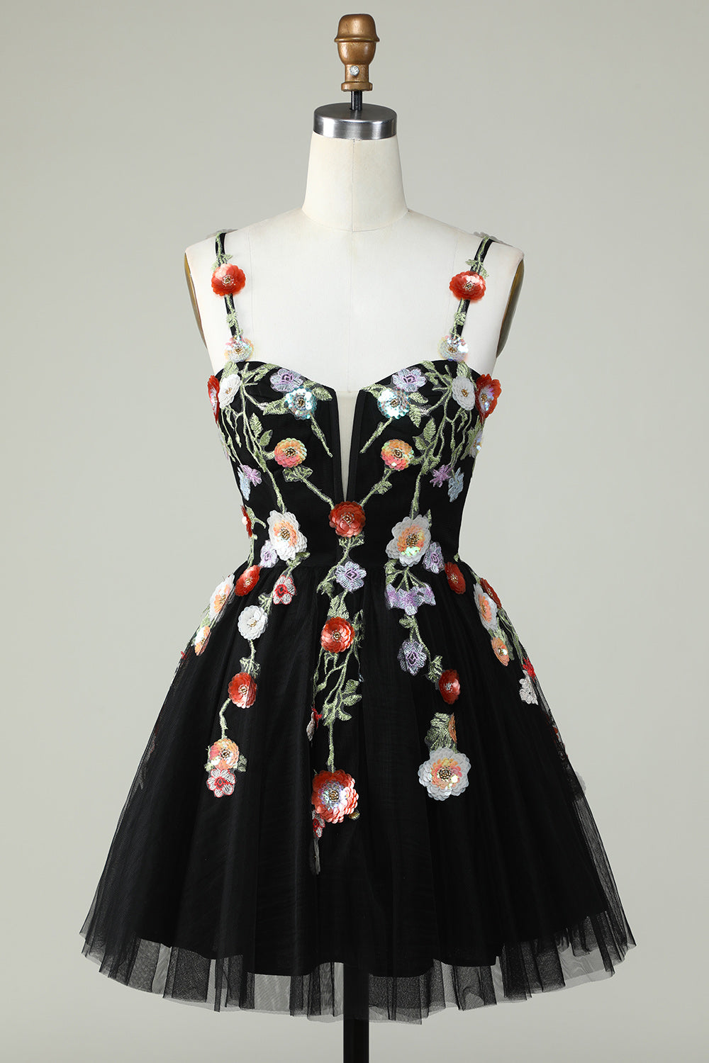 Black Sequin Spaghetti Strap A-Line Homecoming Dress with Floral Appliques