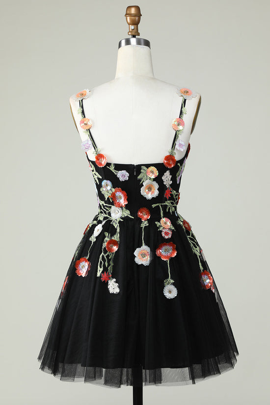 Black Sequin Spaghetti Strap A-Line Homecoming Dress with Floral Appliques