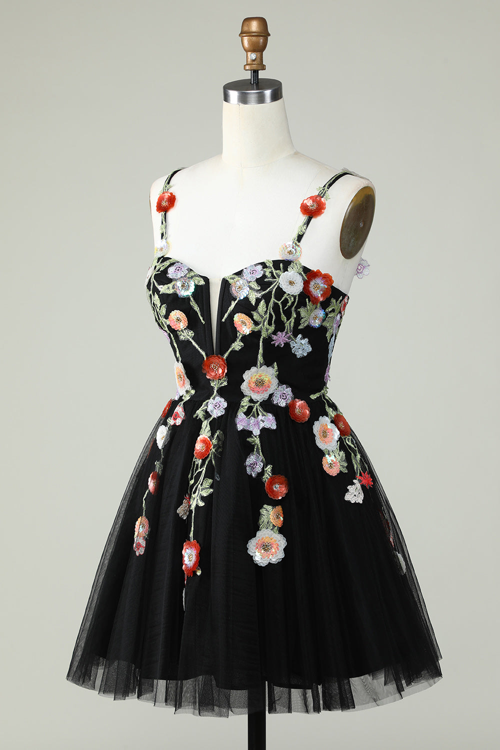 Black Sequin Spaghetti Strap A-Line Homecoming Dress with Floral Appliques