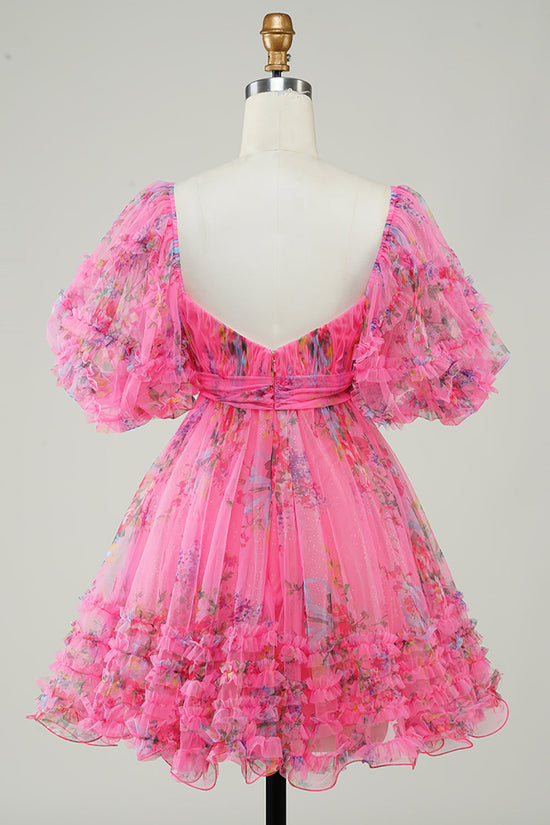 Hot Pink Printed Homecoming Dress with Bow