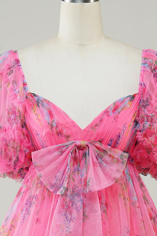 Hot Pink Printed Homecoming Dress with Bow