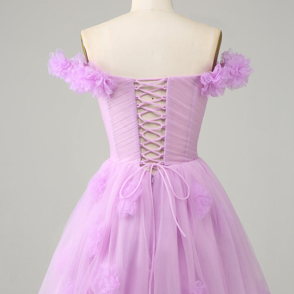 
                      
                        Pink Off-the-Shoulder A-Line Homecoming Dress with Flowers
                      
                    