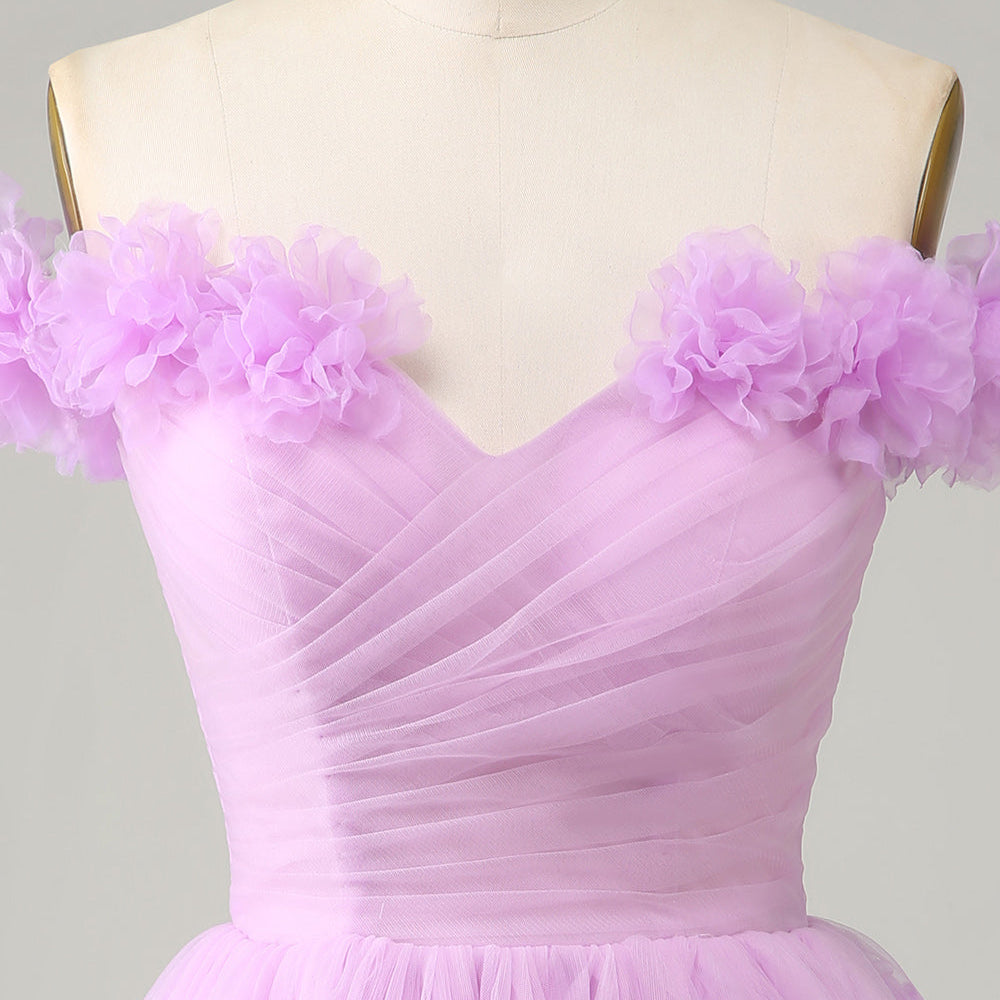 
                      
                        Pink Off-the-Shoulder A-Line Homecoming Dress with Flowers
                      
                    