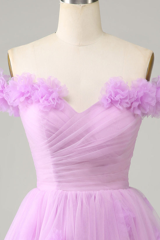 Pink Off-the-Shoulder A-Line Homecoming Dress with Flowers