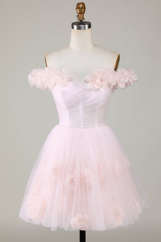 Pink Off-the-Shoulder A-Line Homecoming Dress with Flowers