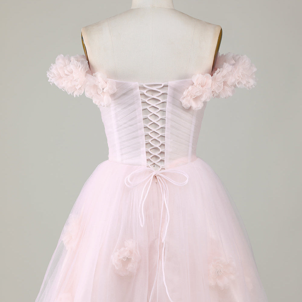 
                      
                        Pink Off-the-Shoulder A-Line Homecoming Dress with Flowers
                      
                    