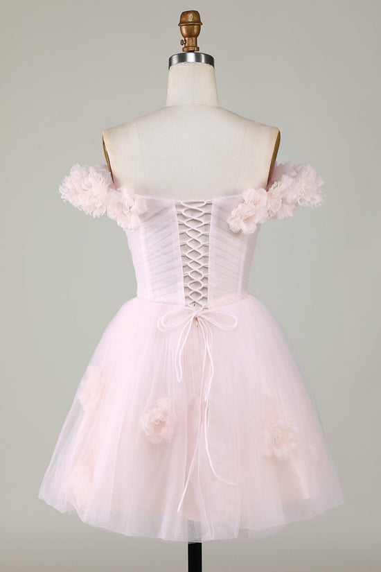 Pink Off-the-Shoulder A-Line Homecoming Dress with Flowers