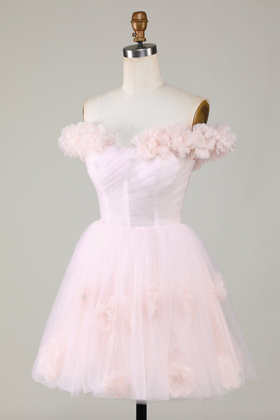 Pink Off-the-Shoulder A-Line Homecoming Dress with Flowers