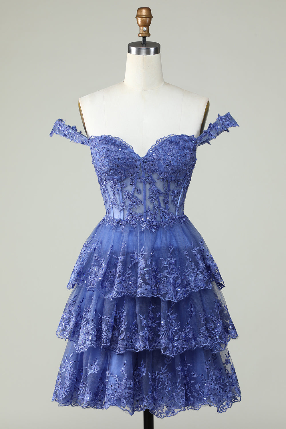 Dark Blue Corset Tiered A-Line Homecoming Dress with Lace