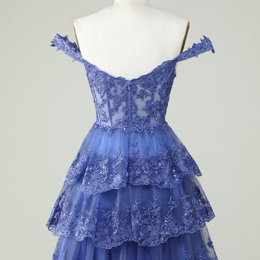 
                      
                        Dark Blue Corset Tiered A-Line Homecoming Dress with Lace
                      
                    