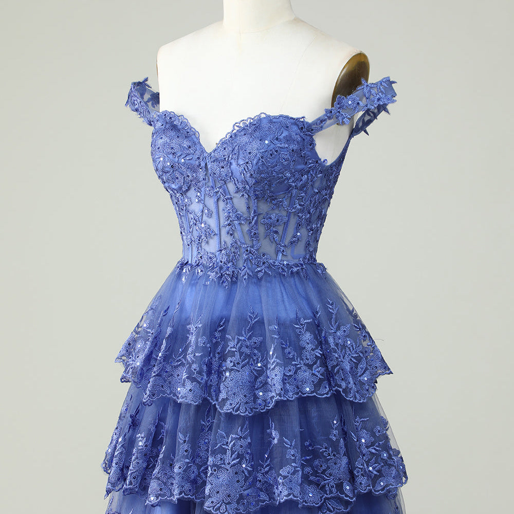 
                      
                        Dark Blue Corset Tiered A-Line Homecoming Dress with Lace
                      
                    