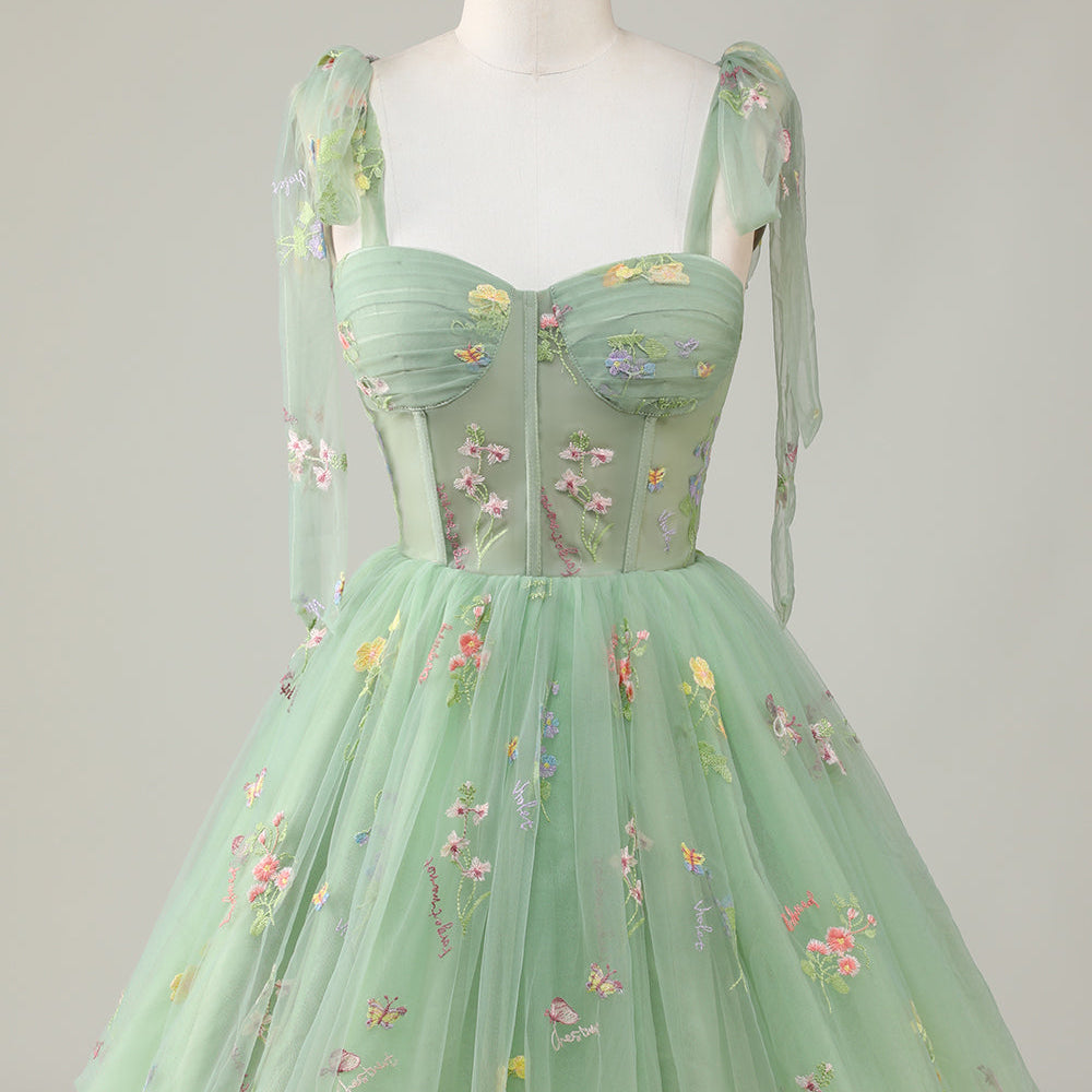 Green A-Line Spaghetti Strap Homecoming Dress with Embroidery