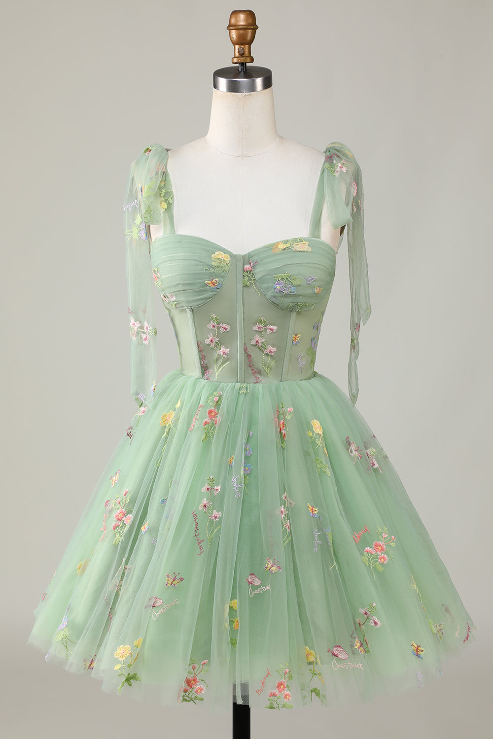 Green A-Line Spaghetti Strap Homecoming Dress with Embroidery