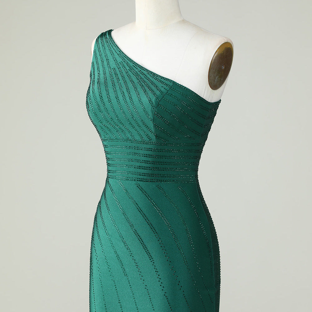 
                      
                        One-Shoulder Dark Green Sheath Homecoming Dress with Beading
                      
                    