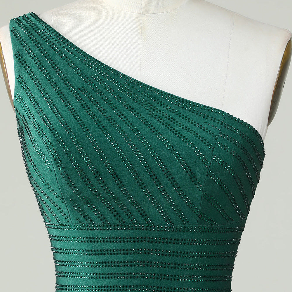 
                      
                        One-Shoulder Dark Green Sheath Homecoming Dress with Beading
                      
                    