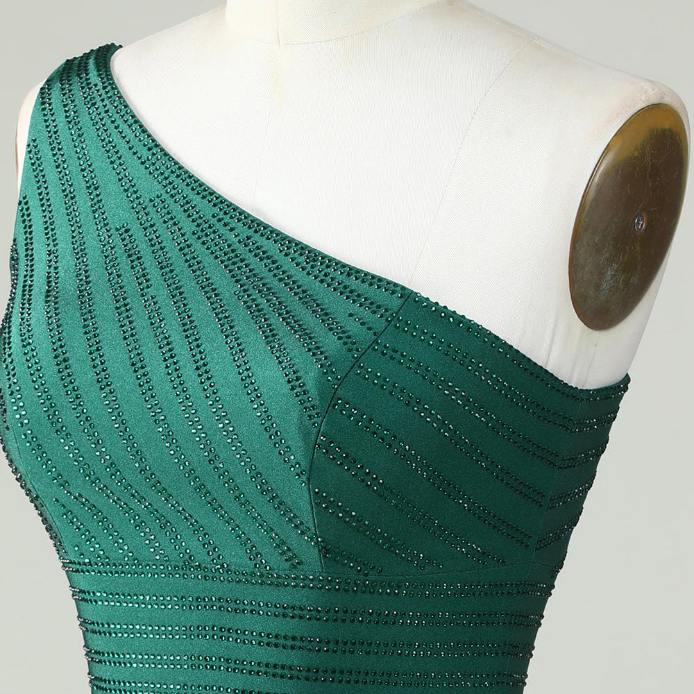 
                      
                        One-Shoulder Dark Green Sheath Homecoming Dress with Beading
                      
                    