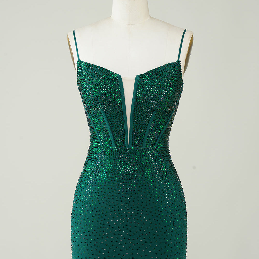 Dark Green Sparkly Bodycon Spaghetti Strap Short Homecoming Dress with Beading