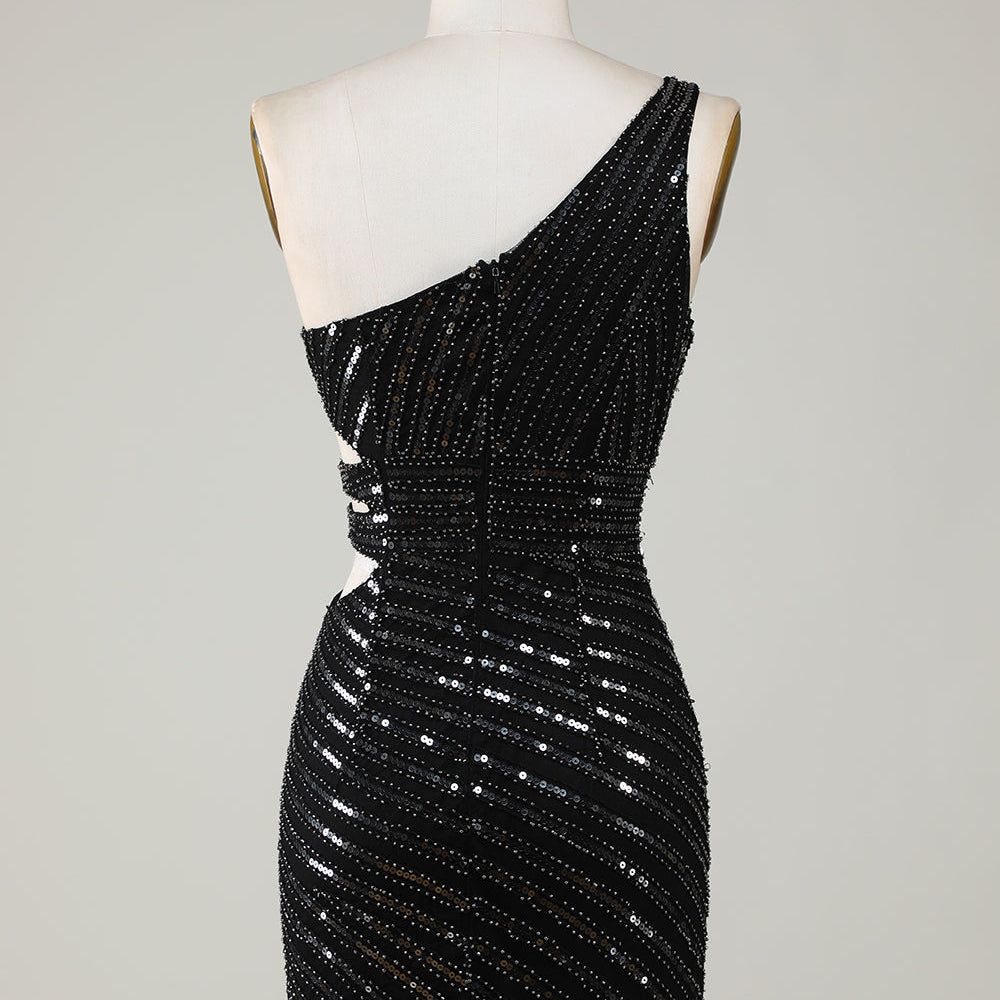 
                      
                        Black One-Shoulder Sparkly Sequin Bodycon Homecoming Dress with Cut-Out
                      
                    