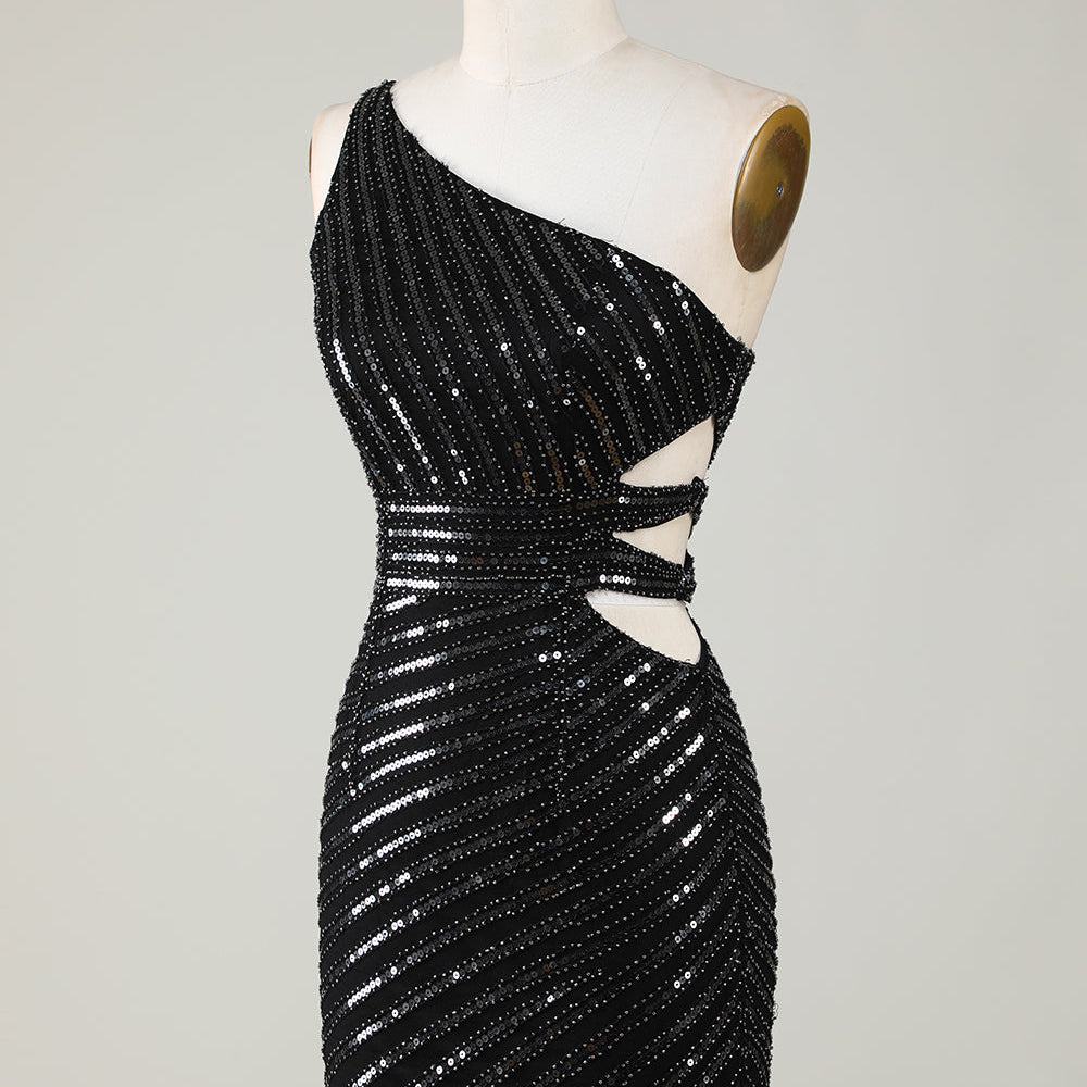 
                      
                        Black One-Shoulder Sparkly Sequin Bodycon Homecoming Dress with Cut-Out
                      
                    