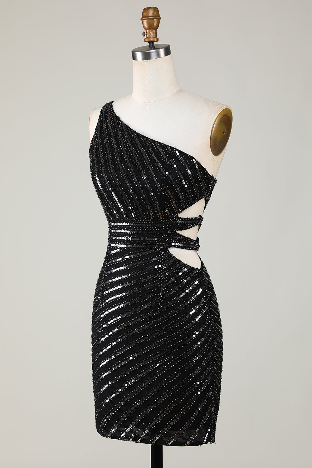 Black One-Shoulder Sparkly Sequin Bodycon Homecoming Dress with Cut-Out