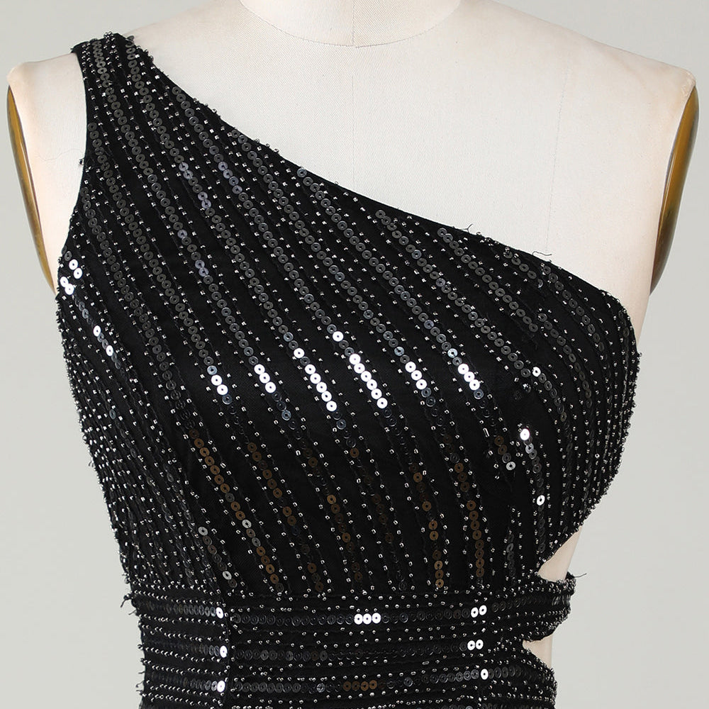 
                      
                        Black One-Shoulder Sparkly Sequin Bodycon Homecoming Dress with Cut-Out
                      
                    